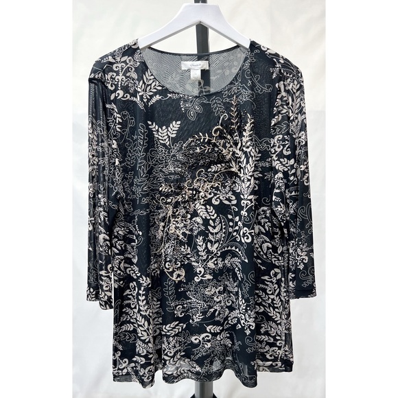 CJ Banks Black Multicolor Embellished 3/4 Sleeve Knit Printed Mesh Blouse - Picture 8 of 15